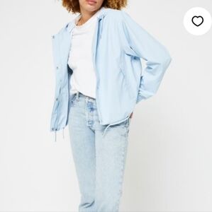 Rains String Short Parka Jacket with Drawstring Hem, Sky/light blue Sz M $155